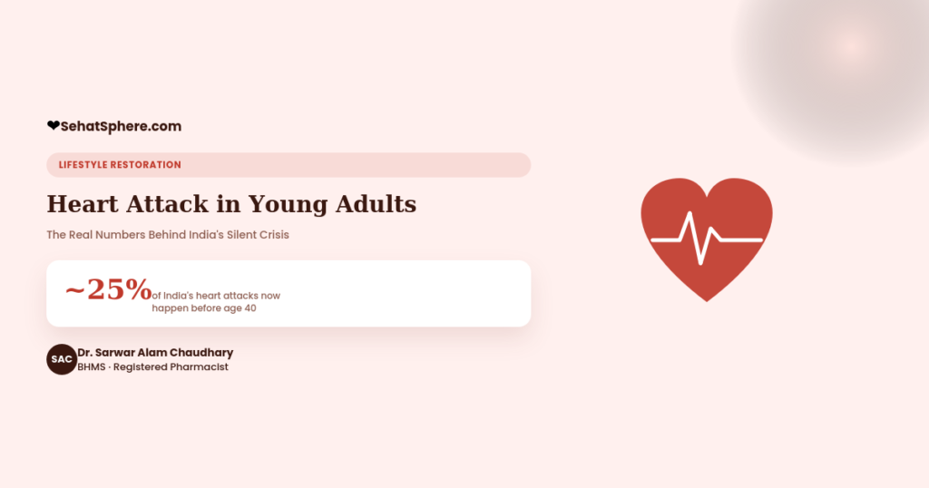 Heart attack in young adults India - nearly 25 percent occur before age 40, warning signs and prevention, SehatSphere pharmacist guide