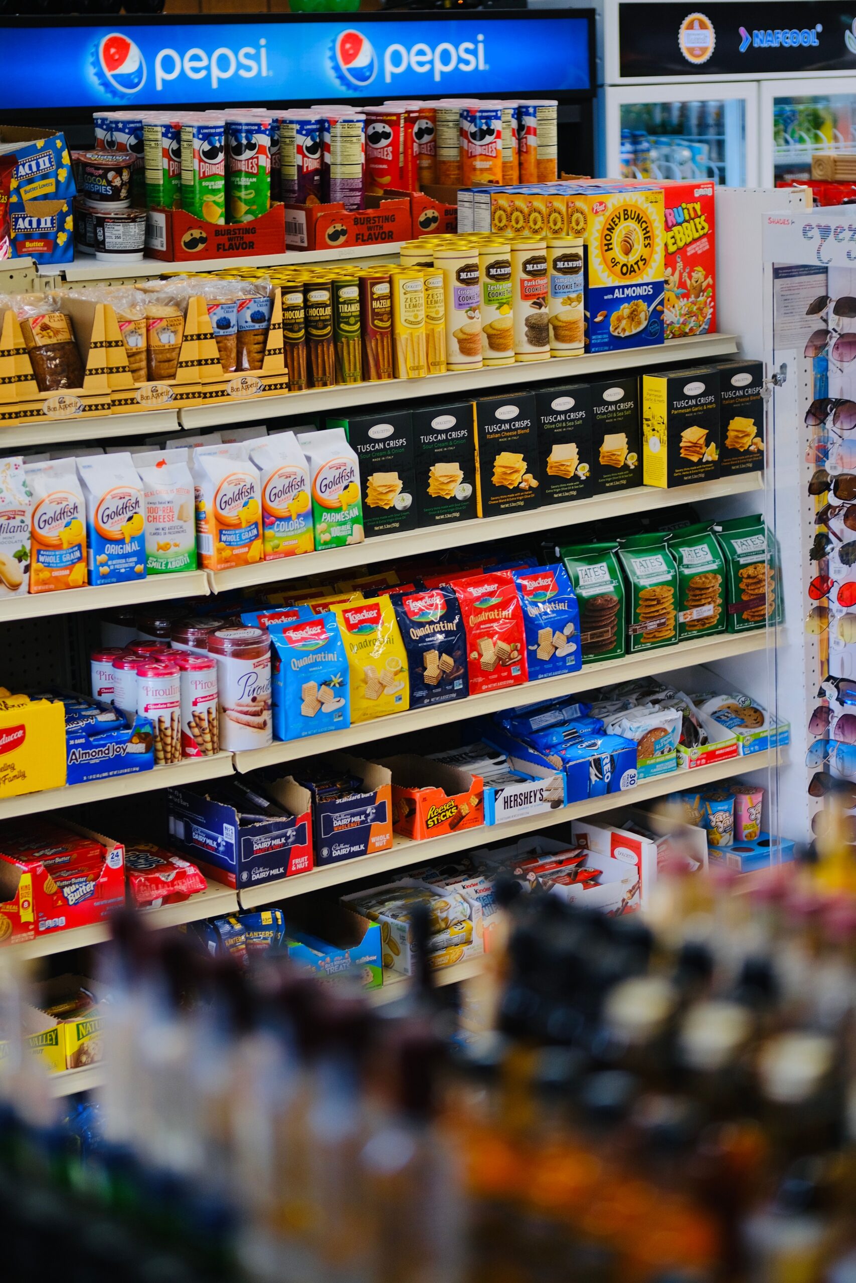 Industrial processed food factory items and snacks arranged together
