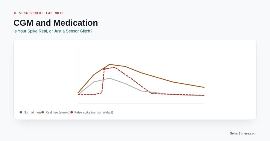 CGM and medication - glucose spike real vs sensor artifact chart