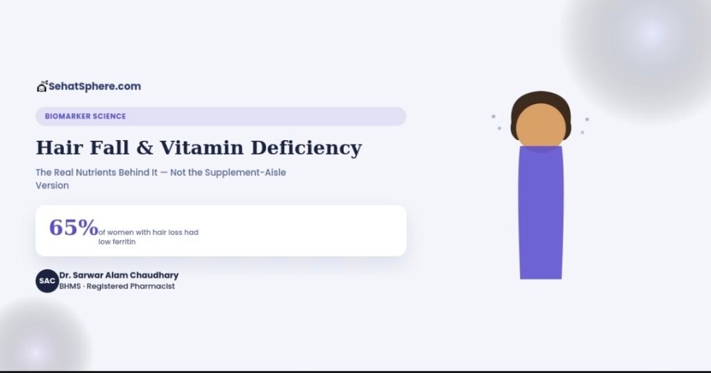 Hair fall and vitamin deficiency - iron, B12, vitamin D and zinc connection, 65 percent had low ferritin, SehatSphere pharmacist guide