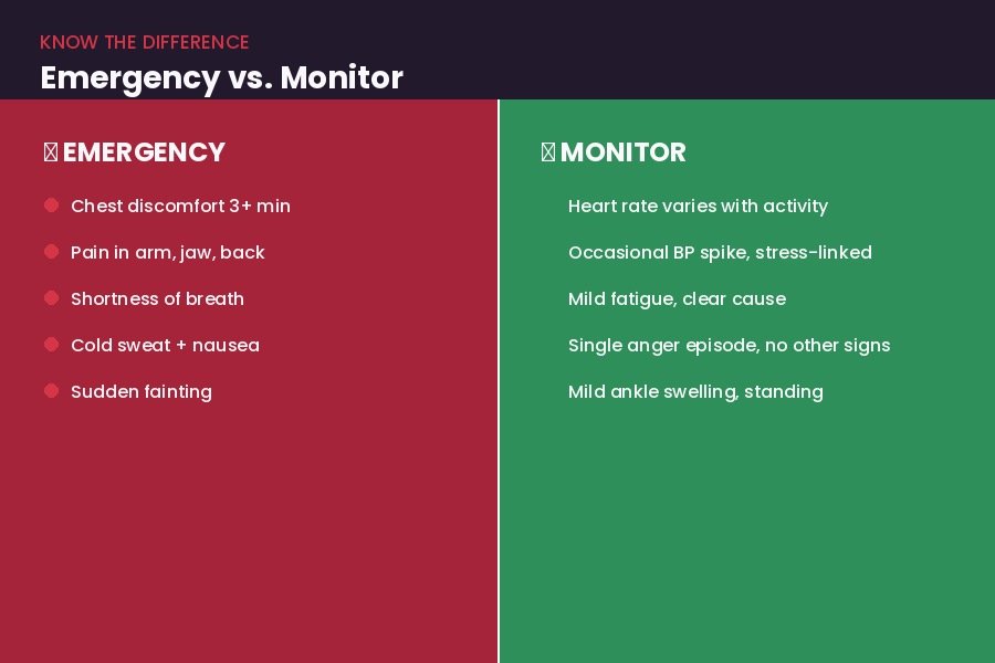 Emergency vs monitor — heart symptom urgency comparison