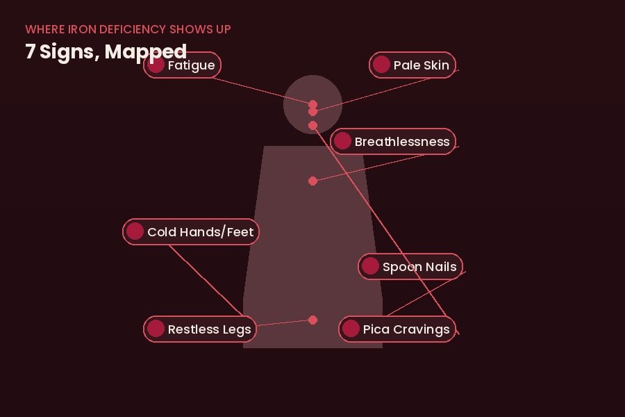 Iron deficiency symptom map — where 7 warning signs show up in the body