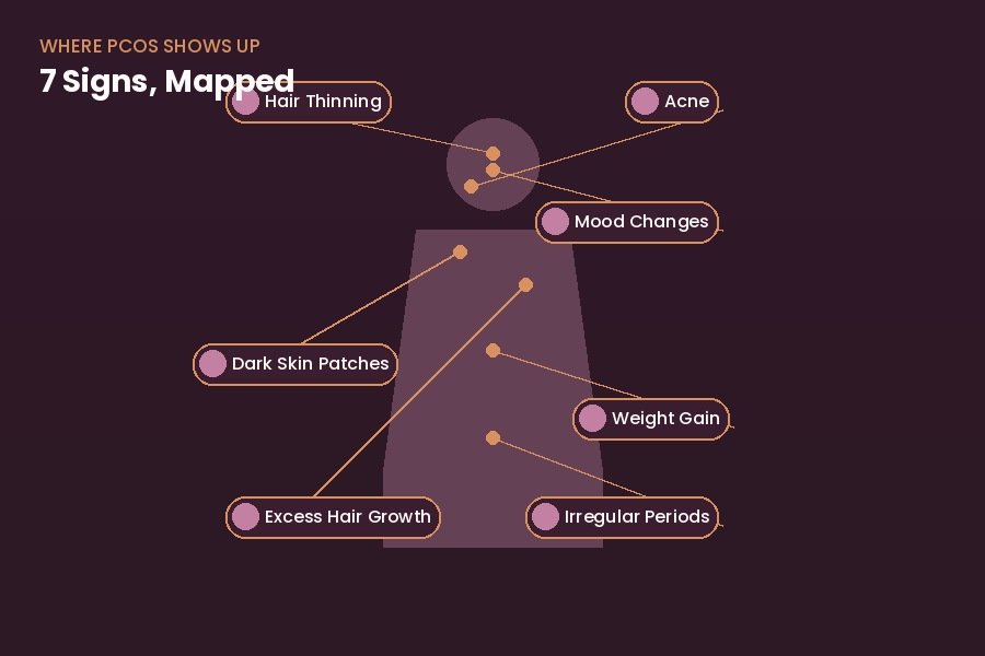 PCOS symptom map — where 7 warning signs show up in the body