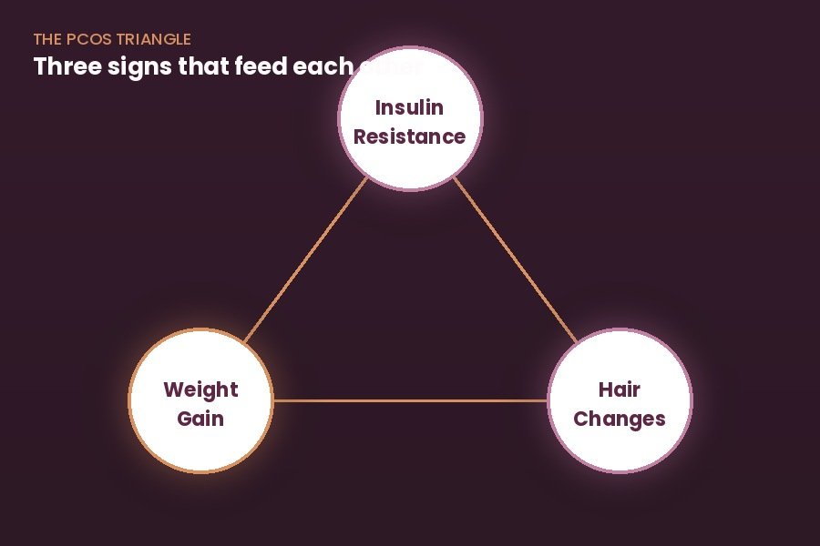 The PCOS triangle — insulin resistance, weight gain, and hair changes diagram