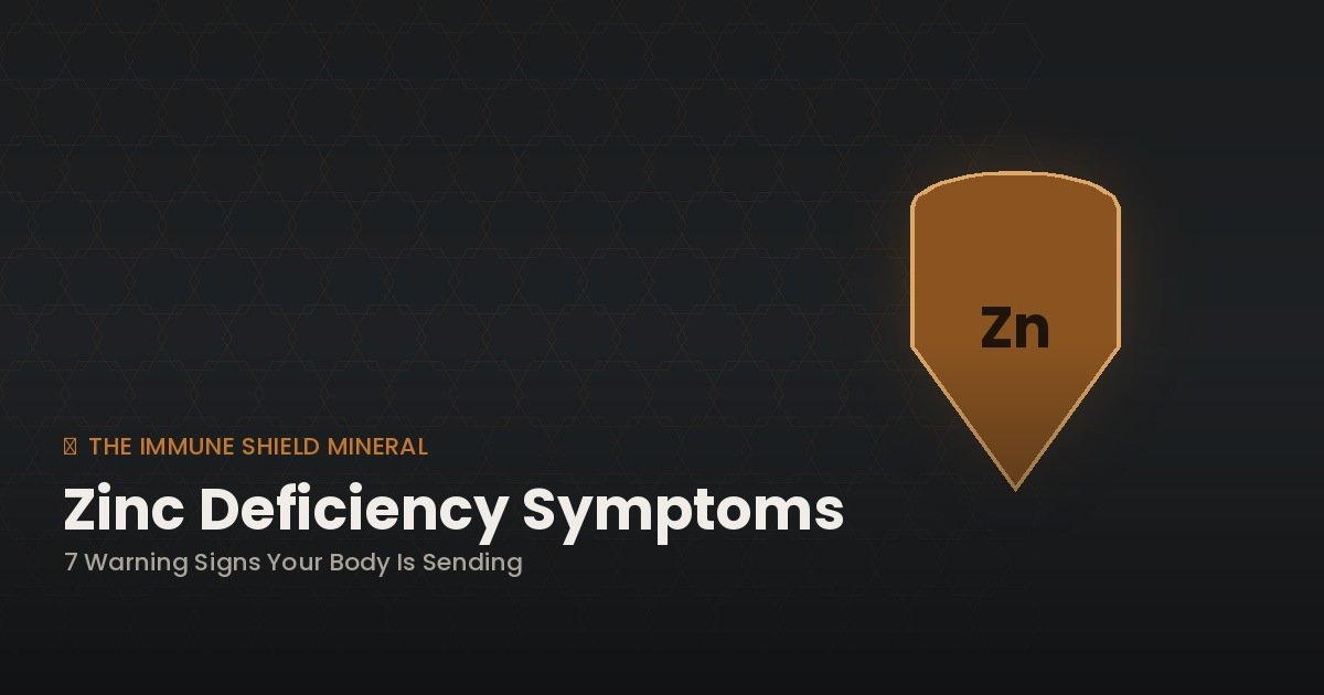Zinc deficiency symptoms — immune shield illustration with 7 warning signs