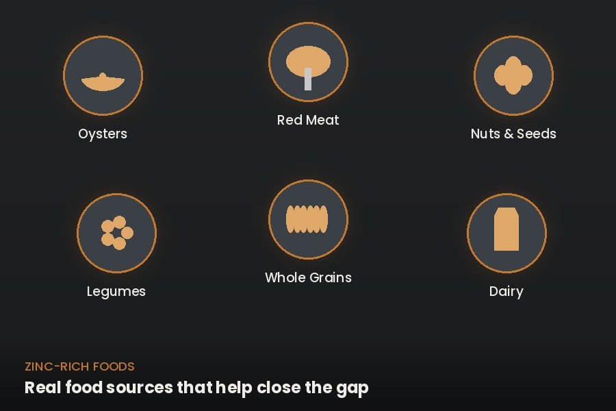 Zinc-rich foods — oysters, meat, nuts, legumes, grains, and dairy