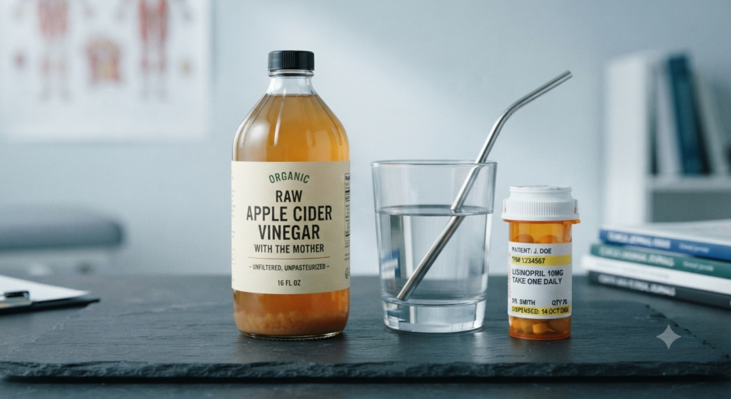 A glass bottle of organic apple cider vinegar next to prescription medication pills, illustrating the clinical interactions between apple cider vinegar and your medications.