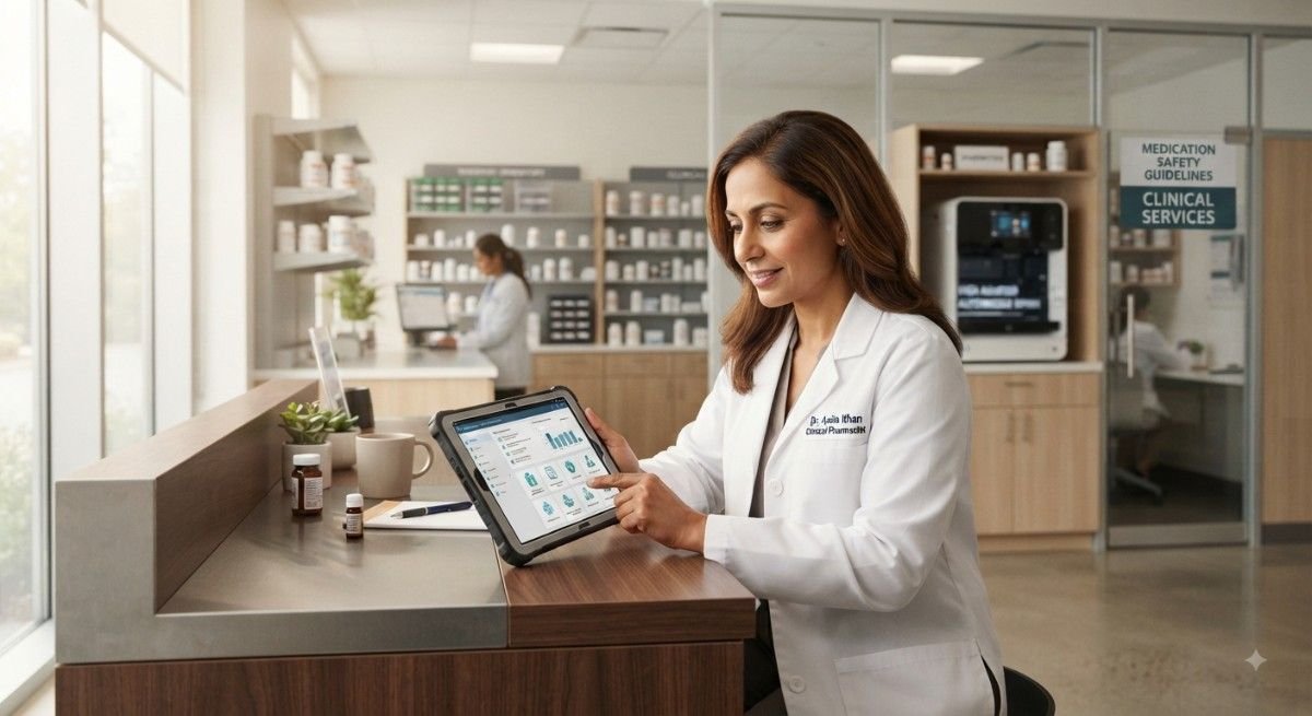clinical pharmacist reviewing reflux guidelines and safety protocols in a modern dispensary