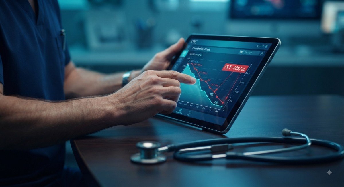 Clinician examining CBC lab reports during monsoon fever surge 2026