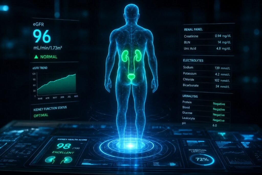 Futuristic 3D holographic display of human kidneys and renal diagnostics for our free egfr calculator from creatinine tool.