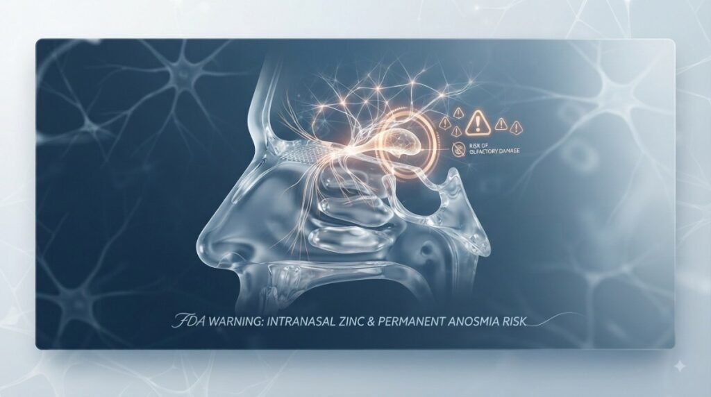 FDA intranasal zinc loss of smell warning: 3D medical visualization illustrating olfactory nerve damage due to heavy metal toxicity.