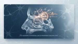FDA intranasal zinc loss of smell warning: 3D medical visualization illustrating olfactory nerve damage due to heavy metal toxicity.