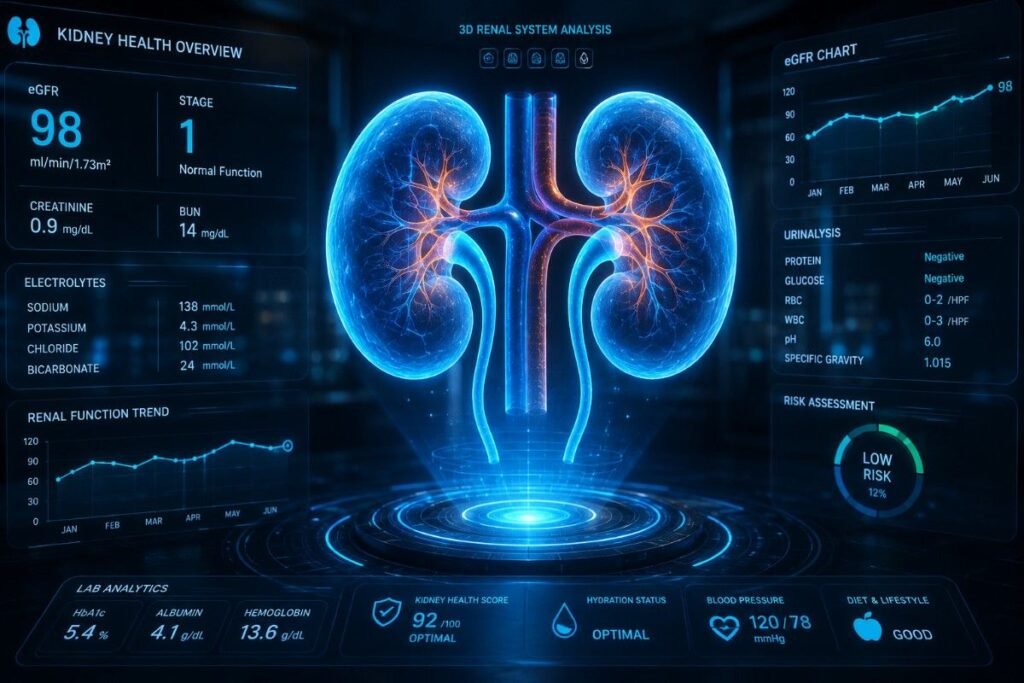 Futuristic 3D holographic kidney model showing eGFR data and high creatinine levels analysis for clinical renal health.