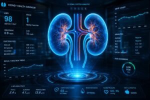 Futuristic 3D holographic kidney model showing eGFR data and high creatinine levels analysis for clinical renal health.