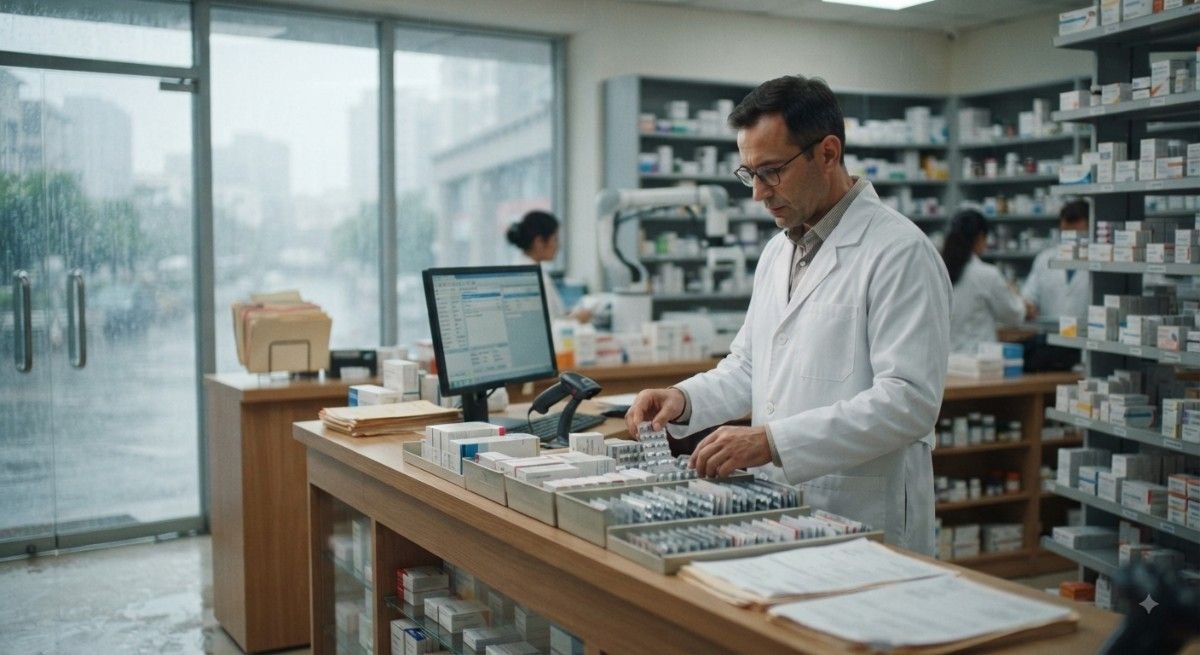 Pharmacist working at hospital pharmacy counter during monsoon fever surge 2026