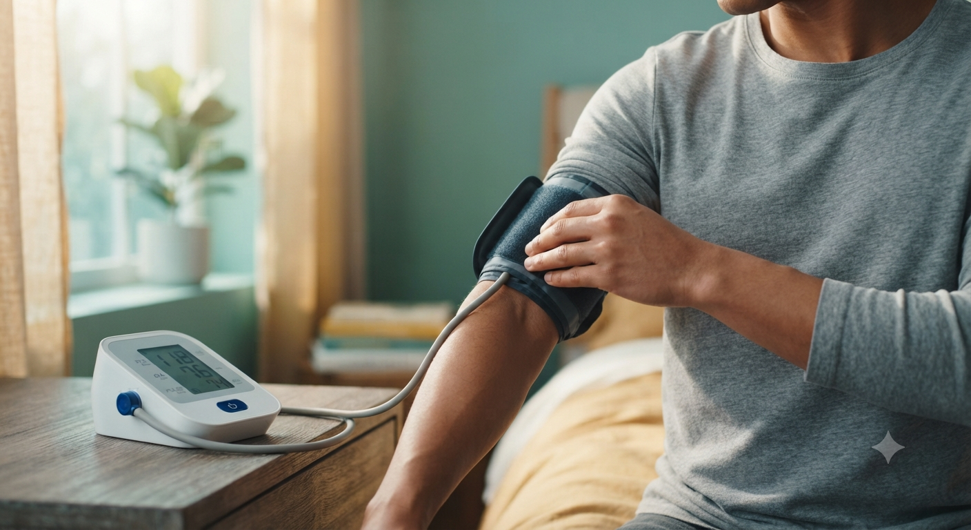 Person measuring blood pressure at home in the morning with a digital arm cuff
