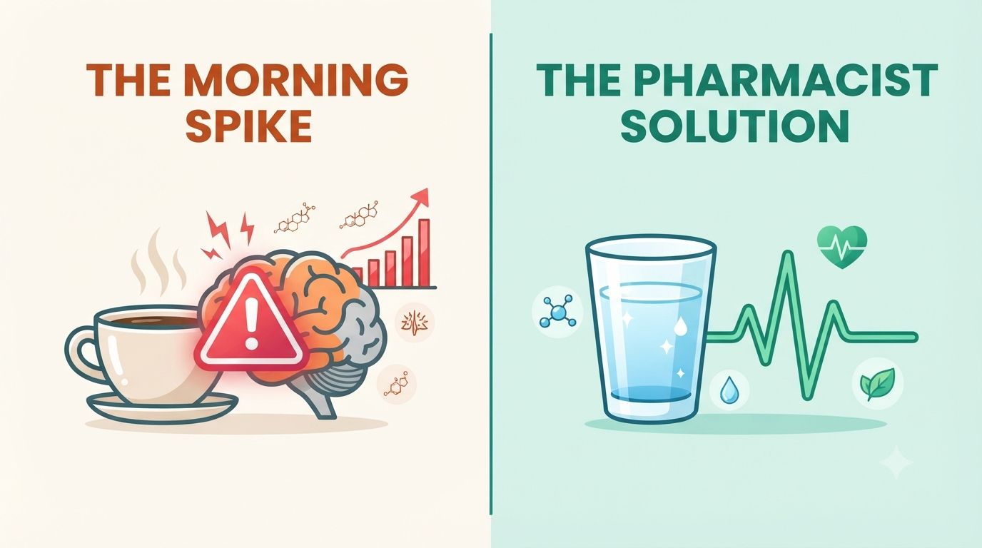 Comparison infographic of a dangerous morning blood pressure spike versus the pharmacist-recommended fix