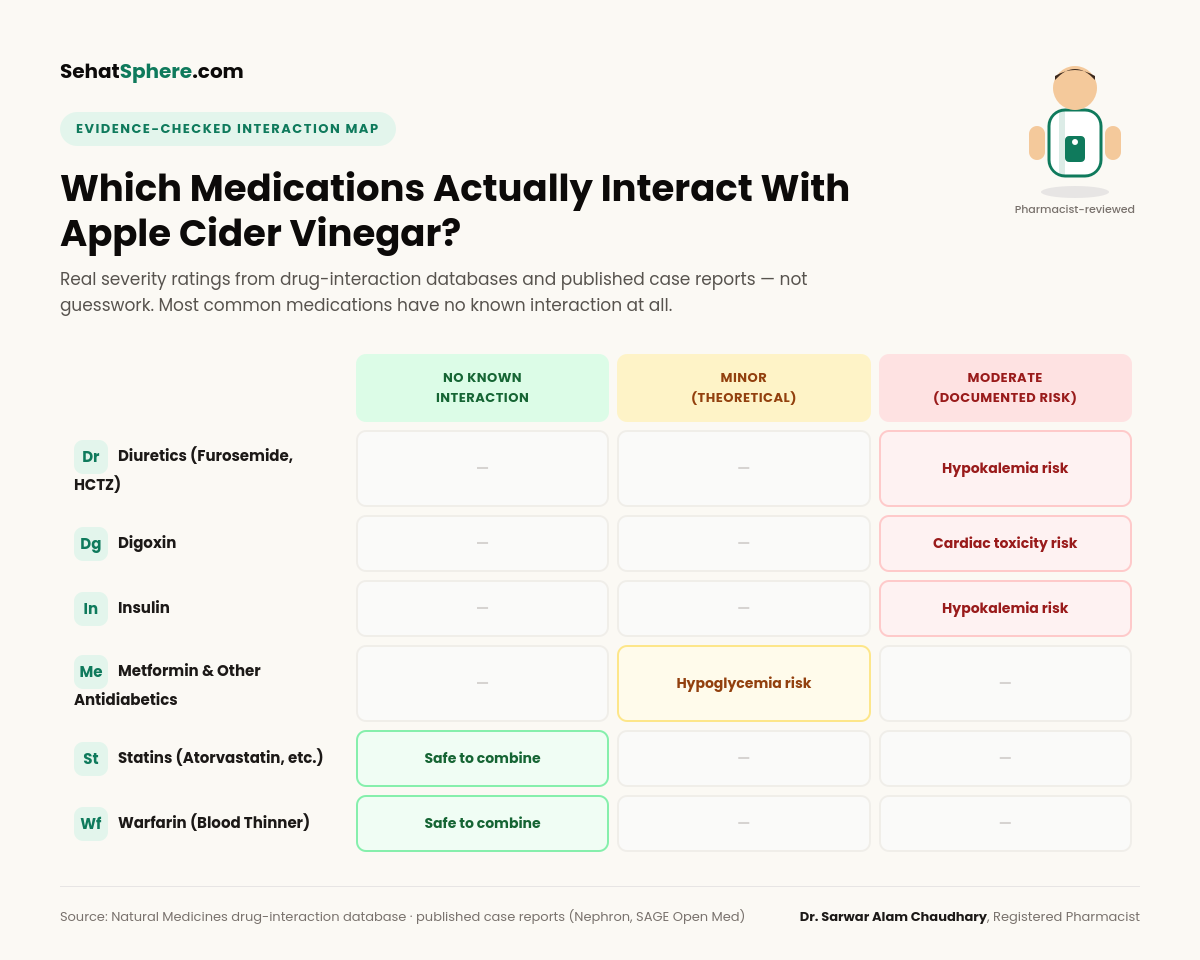 Apple cider vinegar drug interaction severity map showing which medications actually interact - diuretics and digoxin at moderate risk, statins and warfarin no known interaction