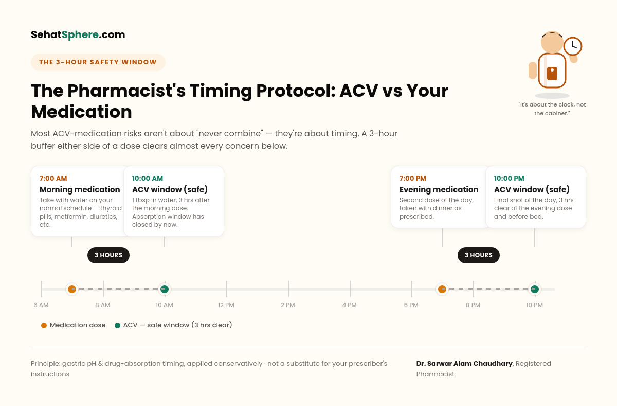 The pharmacist's 3-hour timing protocol - a daily timeline showing when to take apple cider vinegar relative to morning and evening medication doses