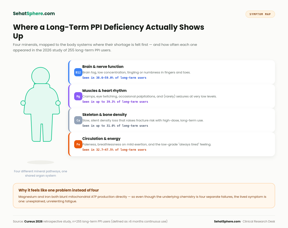 Body map showing where each PPI-related mineral deficiency actually shows up — brain and nerve symptoms from B12, muscle and heart rhythm symptoms from magnesium, bone density loss from calcium, and circulation symptoms from iron