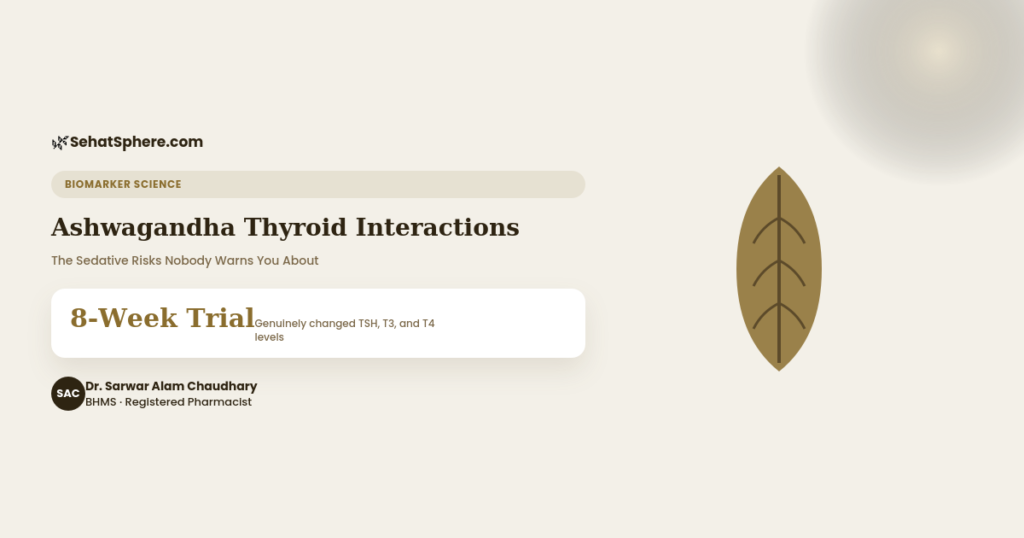 Ashwagandha thyroid interactions - sedative risks with benzodiazepines, 8-week clinical trial changed TSH levels, SehatSphere pharmacist guide