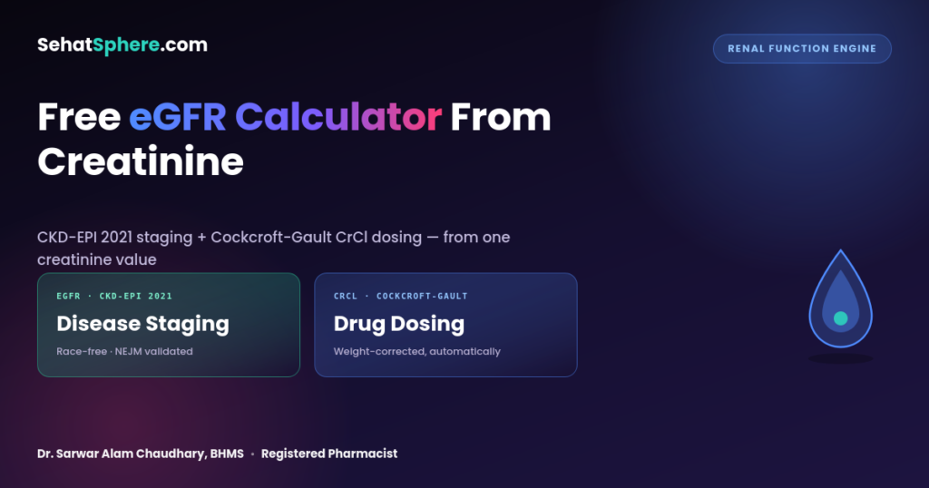 featured-egfr.png: Free eGFR calculator from creatinine — CKD-EPI 2021 kidney staging and Cockcroft-Gault CrCl drug dosing tool by SehatSphere