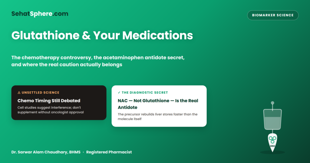 Glutathione and your medications featured graphic — chemotherapy timing debate versus NAC as the real acetaminophen antidote, with IV bag and glutathione molecule illustration
