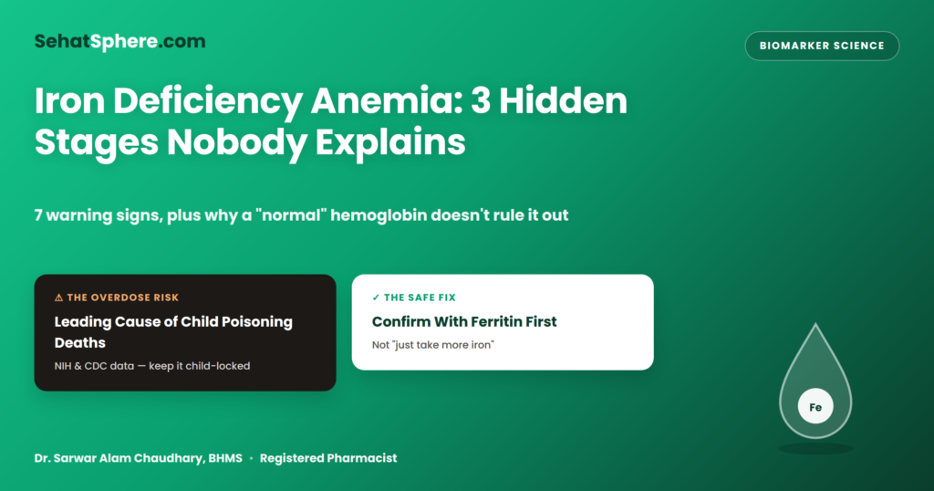 Iron deficiency anemia featured graphic — leading cause of child poisoning deaths warning alongside the "confirm with ferritin first" safe-fix message, with a water-drop iron molecule illustration.