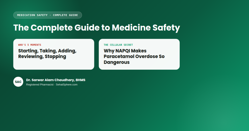 The Complete Guide to Medicine Safety featured graphic — WHO's 5 Moments framework for Starting, Taking, Adding, Reviewing and Stopping any medicine, alongside the cellular reason paracetamol overdose is so dangerous (NAPQI depleting liver glutathione), with Dr. Chaudhary byline
