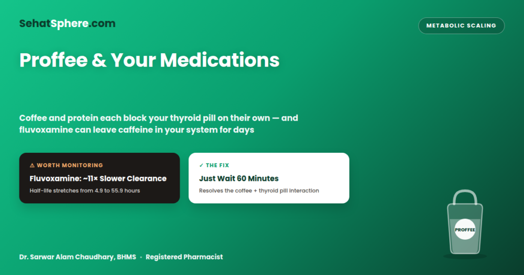 Proffee and Your Medications — featured image showing fluvoxamine's 11-fold slowdown of caffeine clearance and the 60-minute levothyroxine safety buffer, by Dr. Sarwar Alam Chaudhary, BHMS