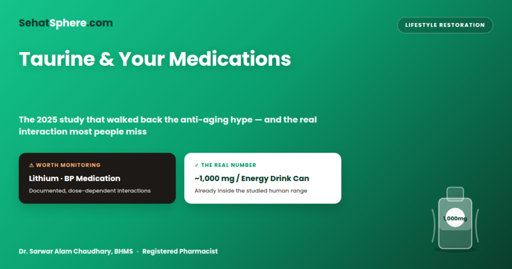 Taurine and Your Medications — featured image comparing the ~1,000mg taurine dose in one energy drink can against lithium and blood pressure medication interaction risk, by Dr. Sarwar Alam Chaudhary, BHMS
