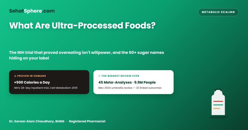What Are Ultra-Processed Foods featured graphic — the NIH trial's +500 calories/day finding versus the BMJ review's 45 meta-analyses/9.9 million people headline, with a grocery-bag/label illustration and Dr. Chaudhary byline.