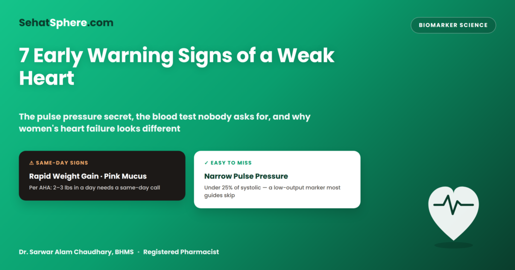 7 Early Warning Signs of a Weak Heart featured graphic — same-day signs (rapid weight gain, pink mucus) versus the easy-to-miss narrow pulse pressure marker, with a heart/EKG-line illustration and Dr. Chaudhary byline.