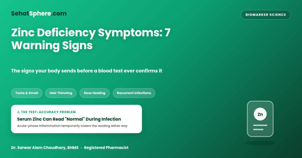Zinc deficiency symptoms featured graphic — 7 warning signs your body sends, with the serum zinc test-accuracy warning during infection.
