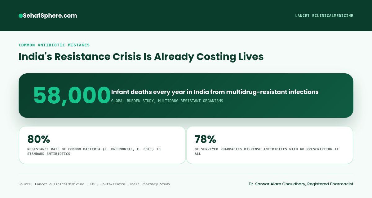 India antibiotic resistance crisis: 58000 infant deaths yearly, 80 percent bacterial resistance, 78 percent pharmacies dispensing without prescription