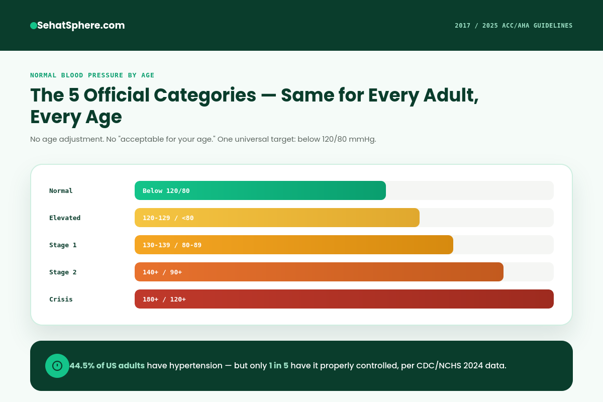 Blood pressure categories chart: normal, elevated, stage 1, stage 2, and hypertensive crisis thresholds, same for every adult age