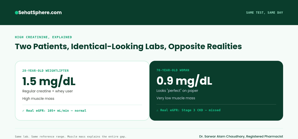Two patients, same test, opposite realities - 1.5 mg/dL normal eGFR in a muscular patient versus 0.9 mg/dL hiding Stage 3 kidney disease in a low-muscle patient