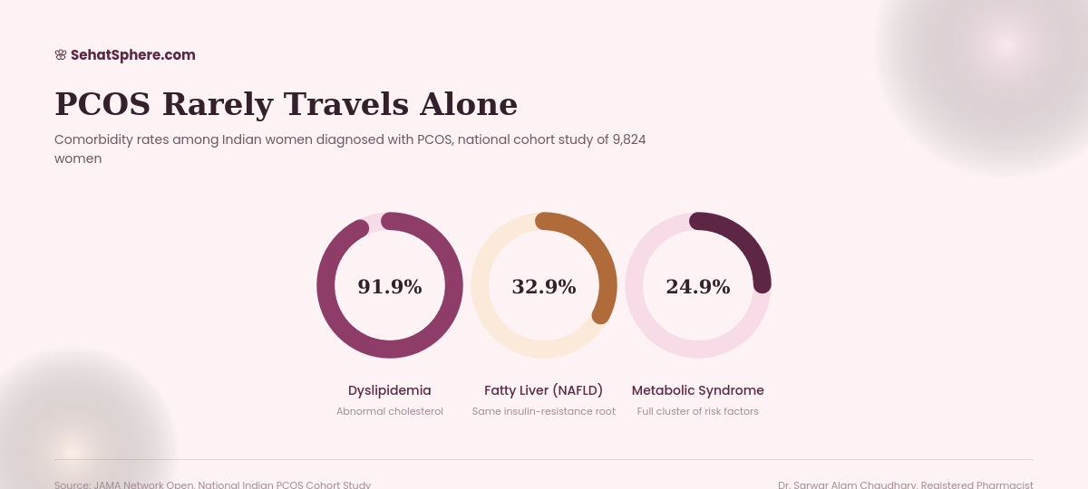 PCOS comorbidity rates in Indian women - 91.9 percent dyslipidemia, 32.9 percent fatty liver, 24.9 percent metabolic syndrome