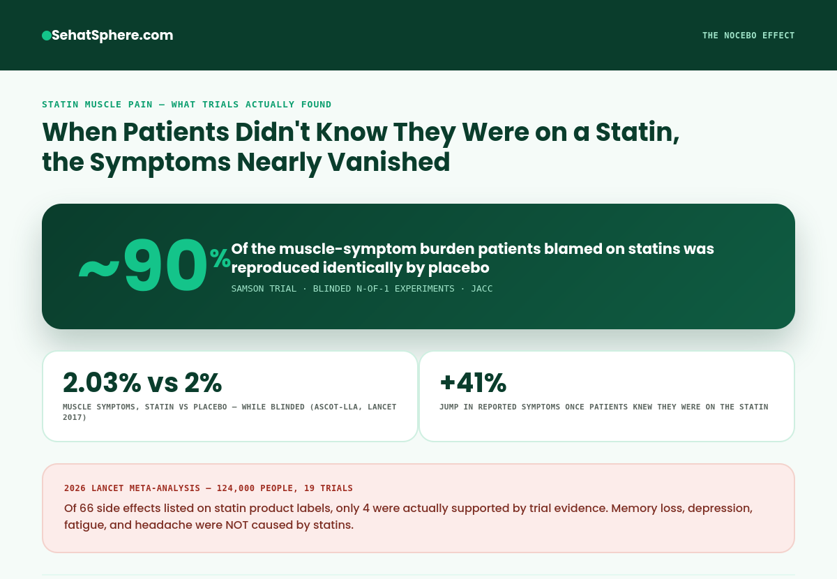 Statin nocebo effect infographic: 90 percent of muscle symptoms reproduced by placebo, ASCOT-LLA trial data