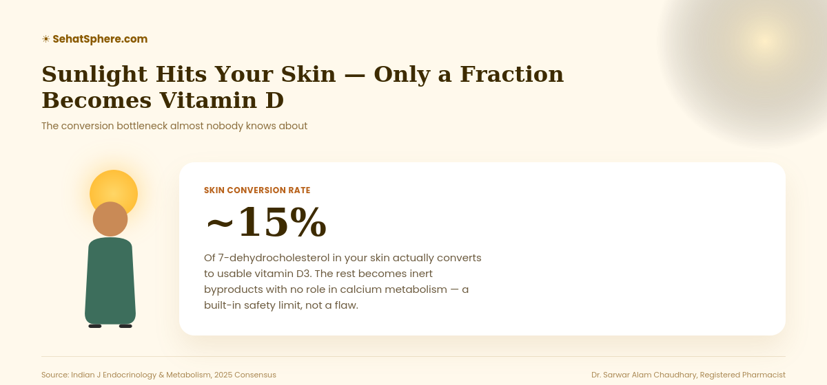 Only 15 percent of skin conversion rate becomes usable vitamin D3, the rest becomes inert byproducts