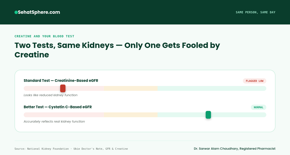 Two tests, same kidneys - creatinine-based eGFR flagged low versus cystatin C-based eGFR normal, same person same day