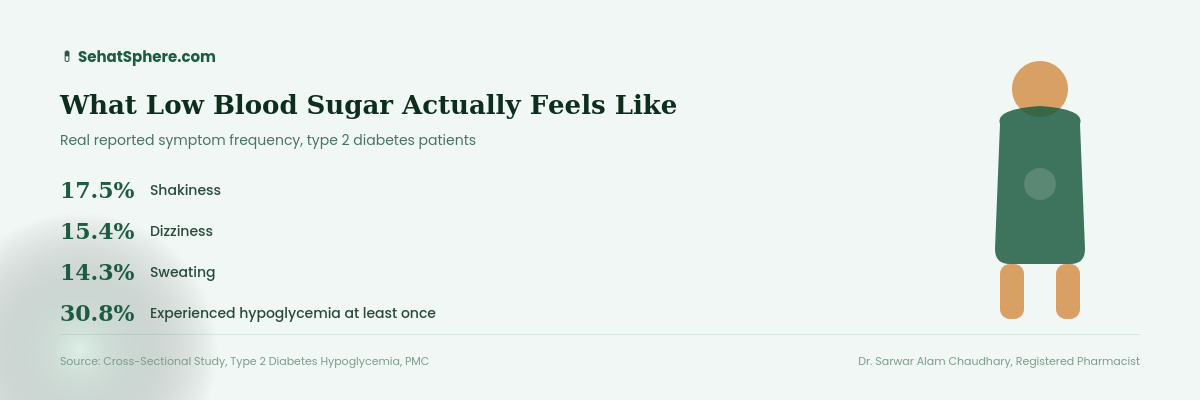 Hypoglycemia symptoms - 17.5 percent shakiness, 15.4 percent dizziness, 14.3 percent sweating, 30.8 percent experienced at least once