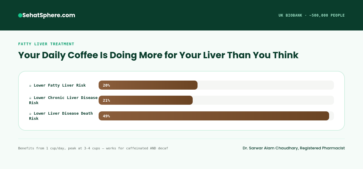 Coffee protective effect on liver health - 20 percent lower fatty liver risk, 21 percent lower chronic liver disease, 49 percent lower death risk