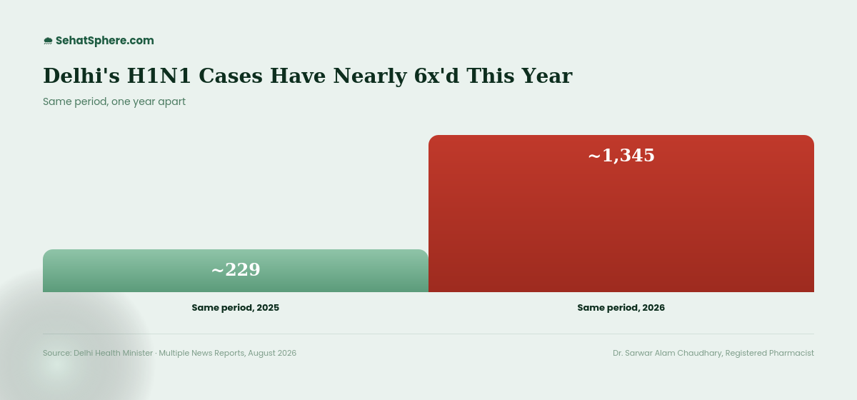 Delhi H1N1 cases surge 2026 - 1345 cases versus 229 cases same period 2025, nearly six times increase