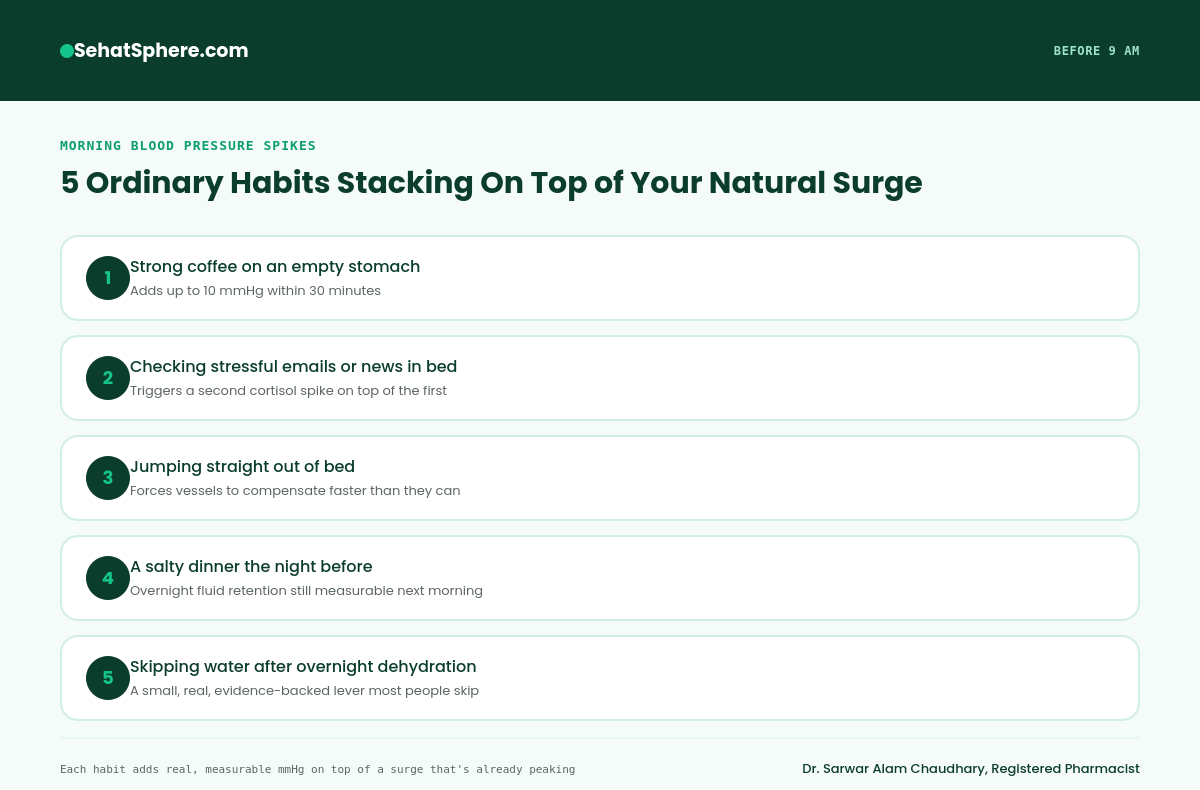5 ordinary morning habits stacking on top of your natural blood pressure surge - coffee, stress, rushing, salt, dehydration