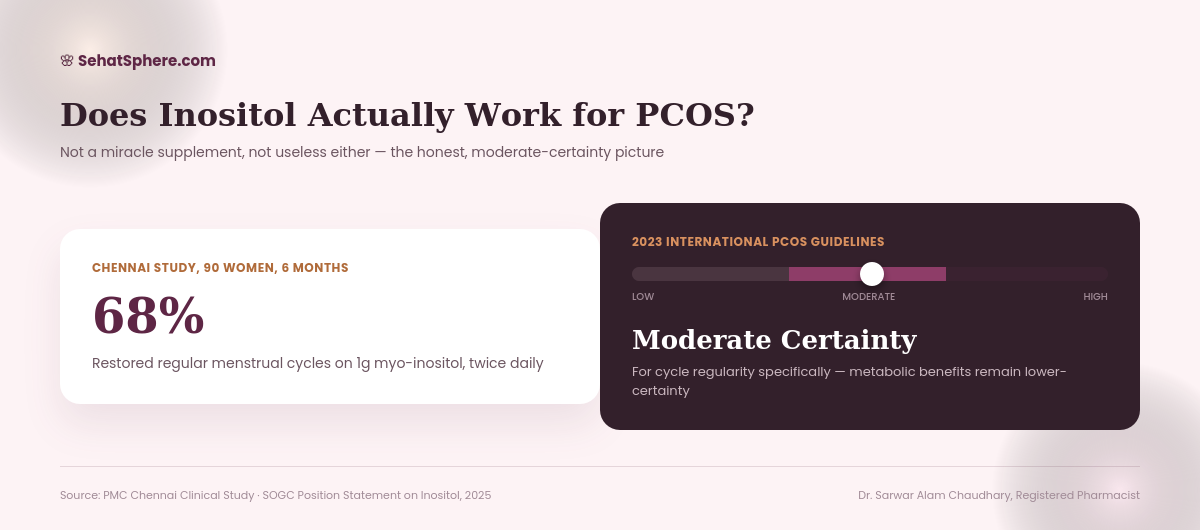 Does inositol work for PCOS - 68 percent restored menstrual cycles in Chennai study, moderate certainty per international PCOS guidelines