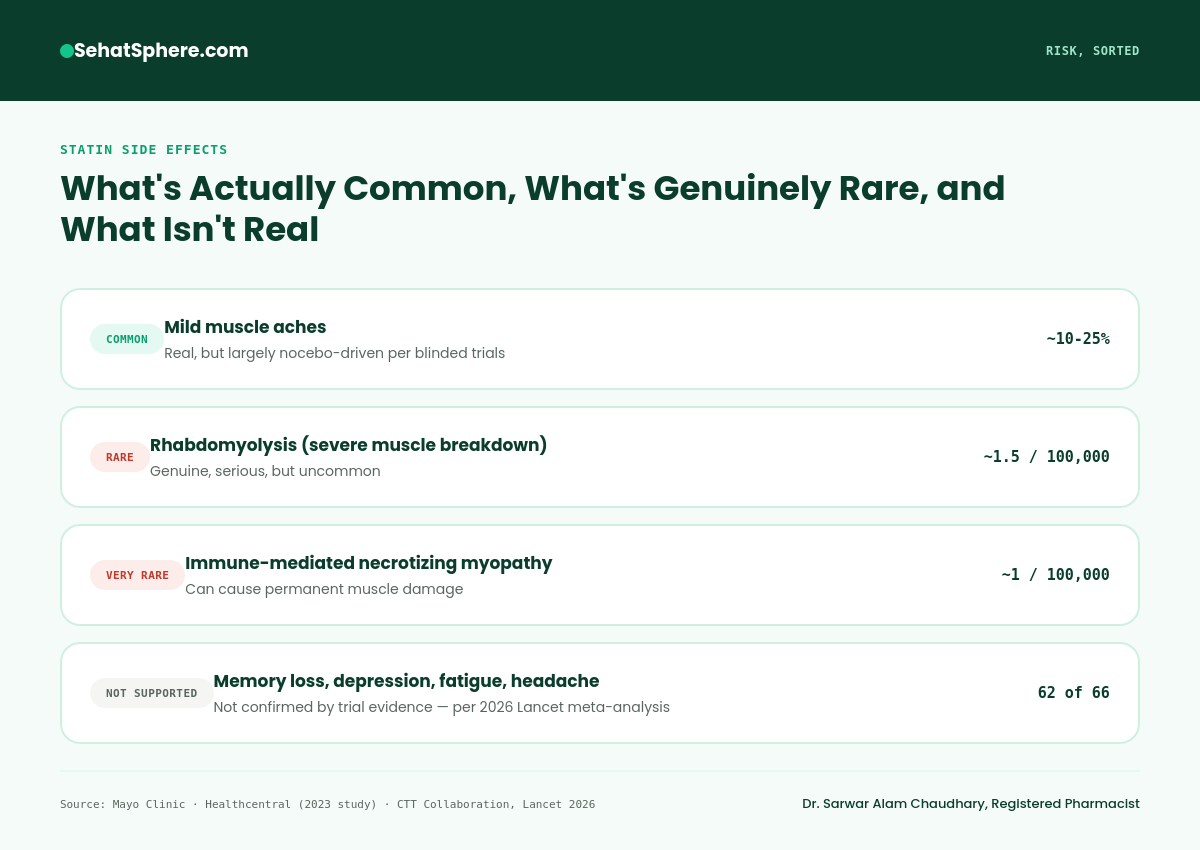 Statin side effects risk chart: common versus rare versus not supported by evidence