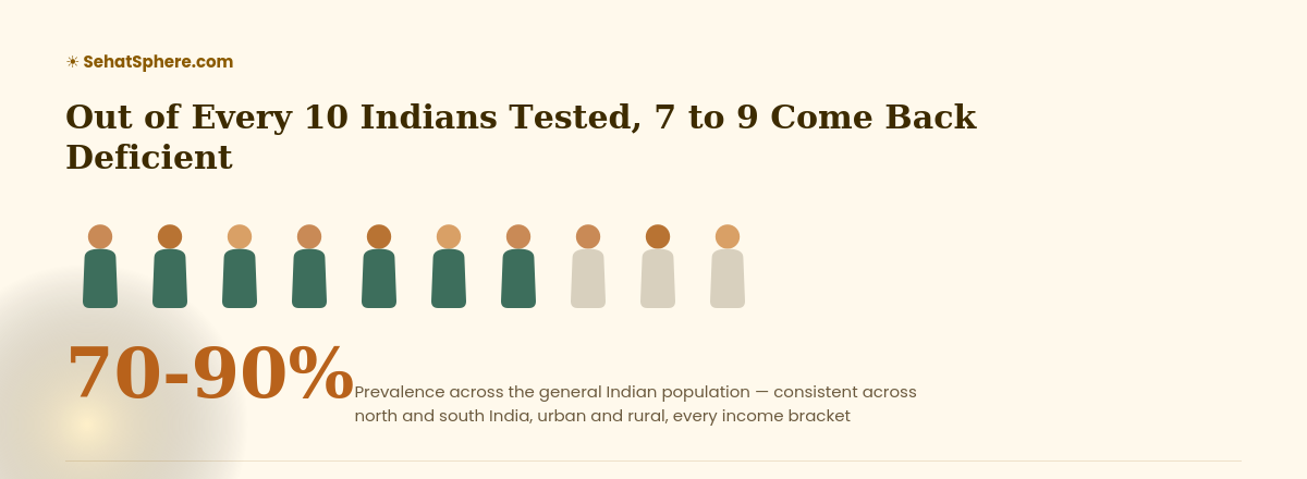 7 to 9 out of every 10 Indians tested come back vitamin D deficient, 70 to 90 percent prevalence