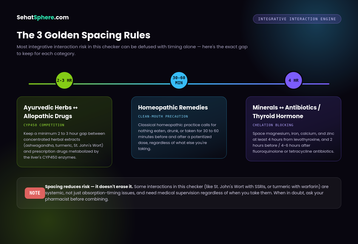 The three golden spacing rules for combining Ayurveda, homeopathy, and allopathic medications safely