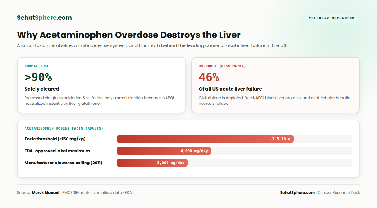 Infographic on acetaminophen overdose mechanism: NAPQI toxic metabolite forms when glutathione is depleted, causing 46 percent of US acute liver failure cases, plus how NSAIDs and decongestants can secretly raise blood pressure